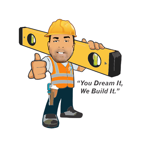 MG Builders mascot holding a level: You Dream It, We Build It.