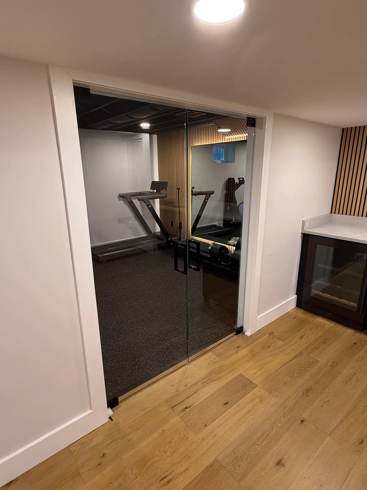 Basement home gym behind glass doors