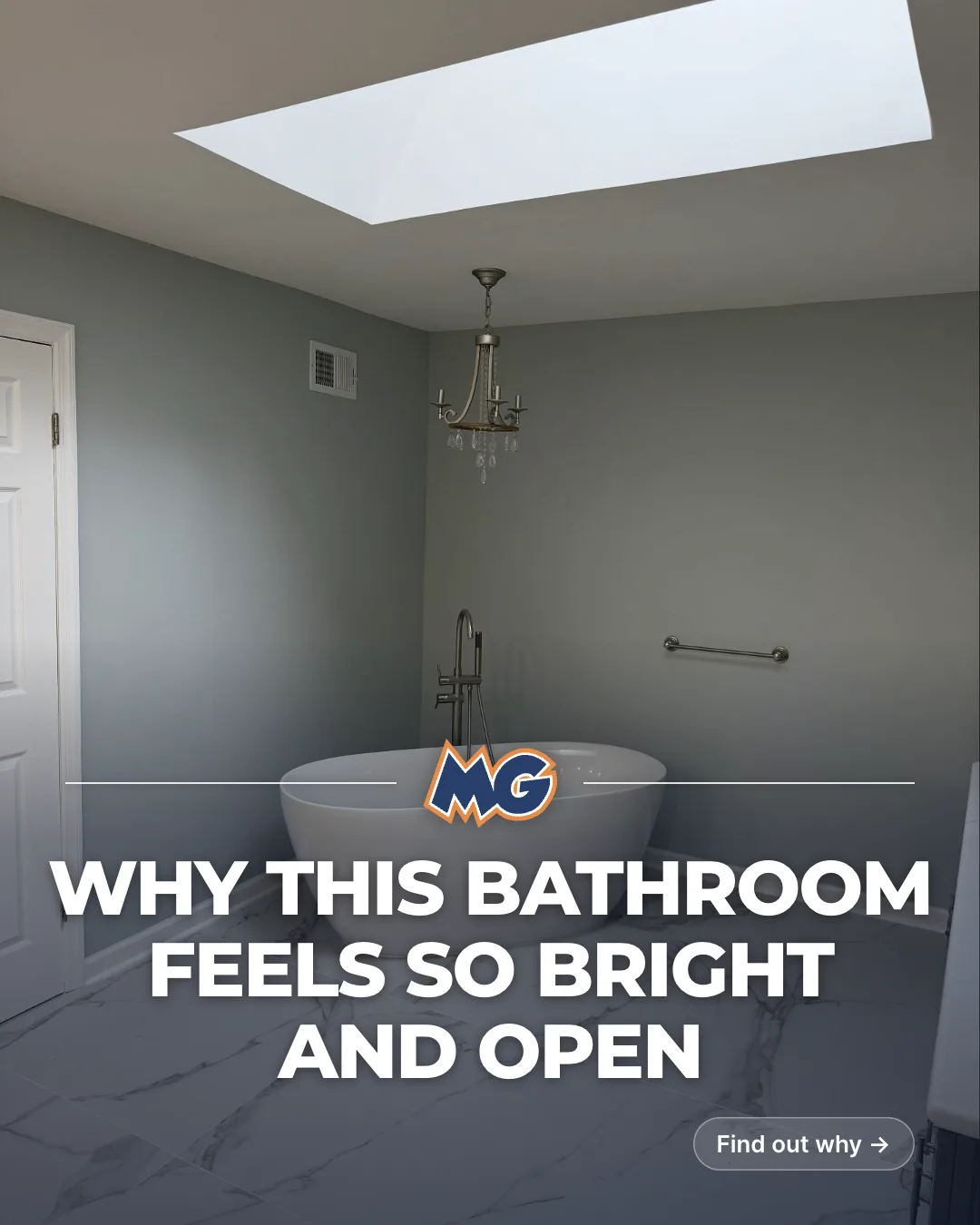 Bathroom by MG Builders with a freestanding tub under a skylight, titled: Why this bathroom feels so bright and open.