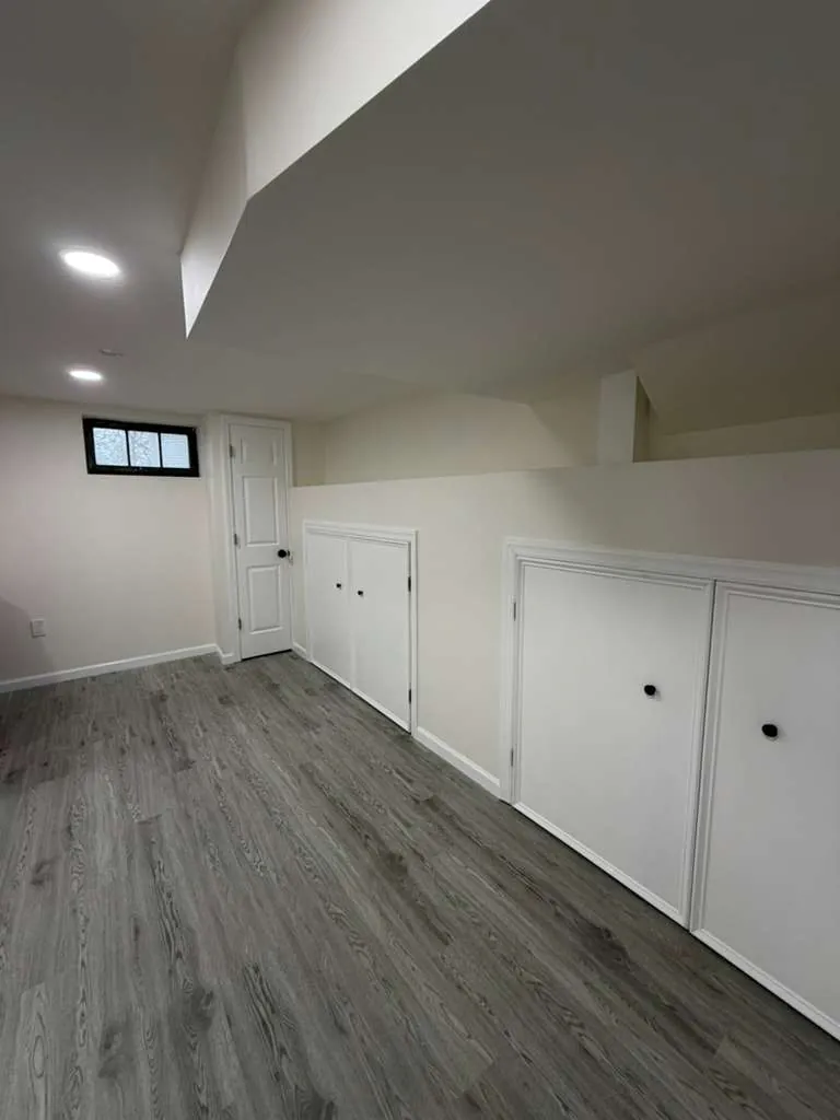 Basement room with gray plank floor, white walls, a small window, a six-panel door and built-in storage doors.