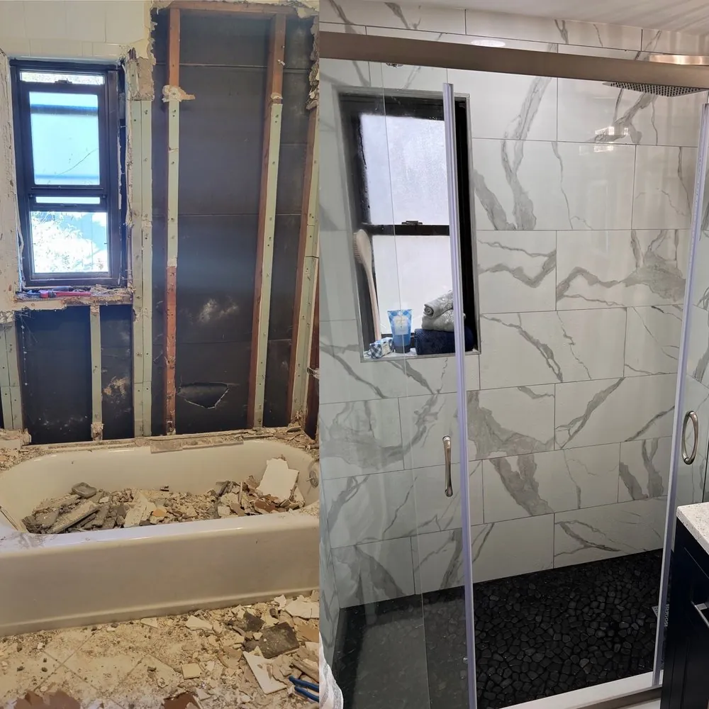 Side-by-side of a gutted tub alcove with exposed studs and the finished marble-look tile shower with pebble floor.