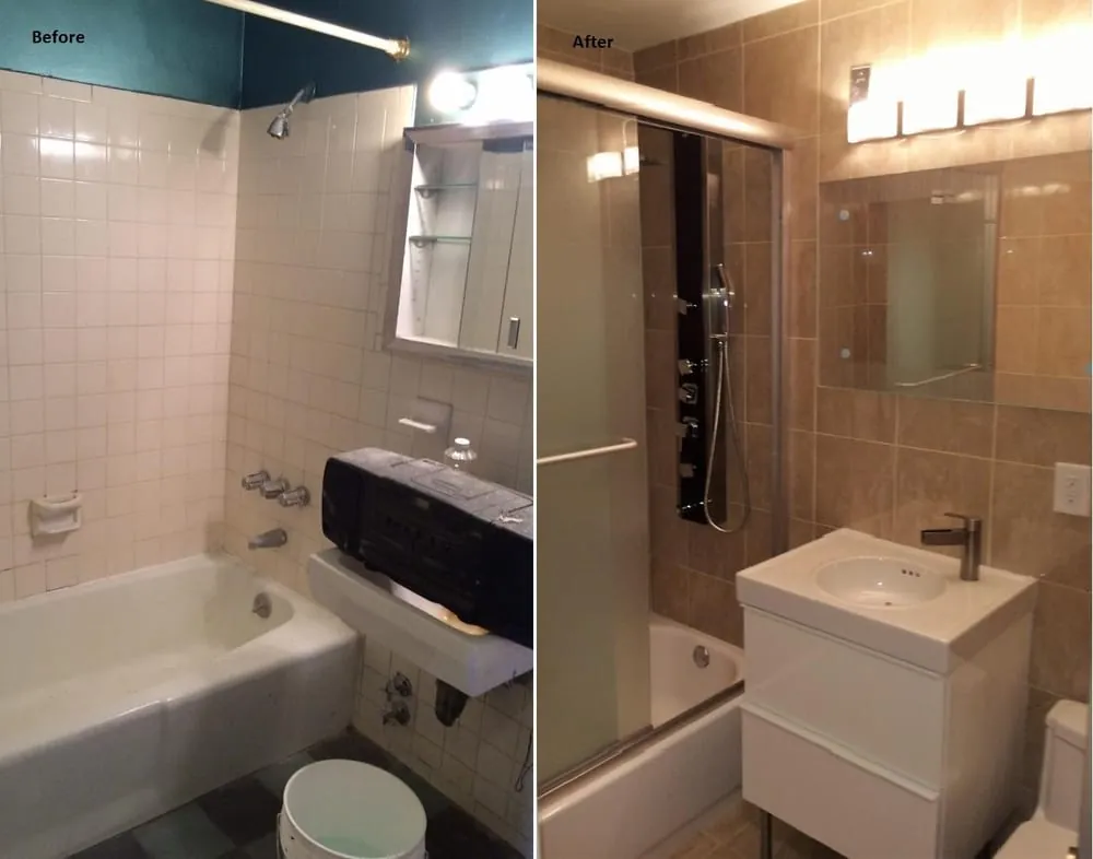Side-by-side of an old white tile bath and the remodel with beige tile, sliding glass doors and white vanity.