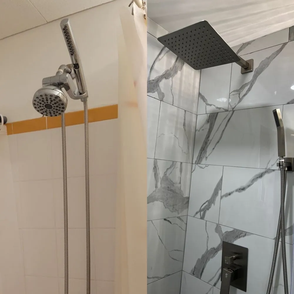 Side-by-side of an old chrome shower head on yellow-trimmed tile and a new square rain head on marble-look tile.