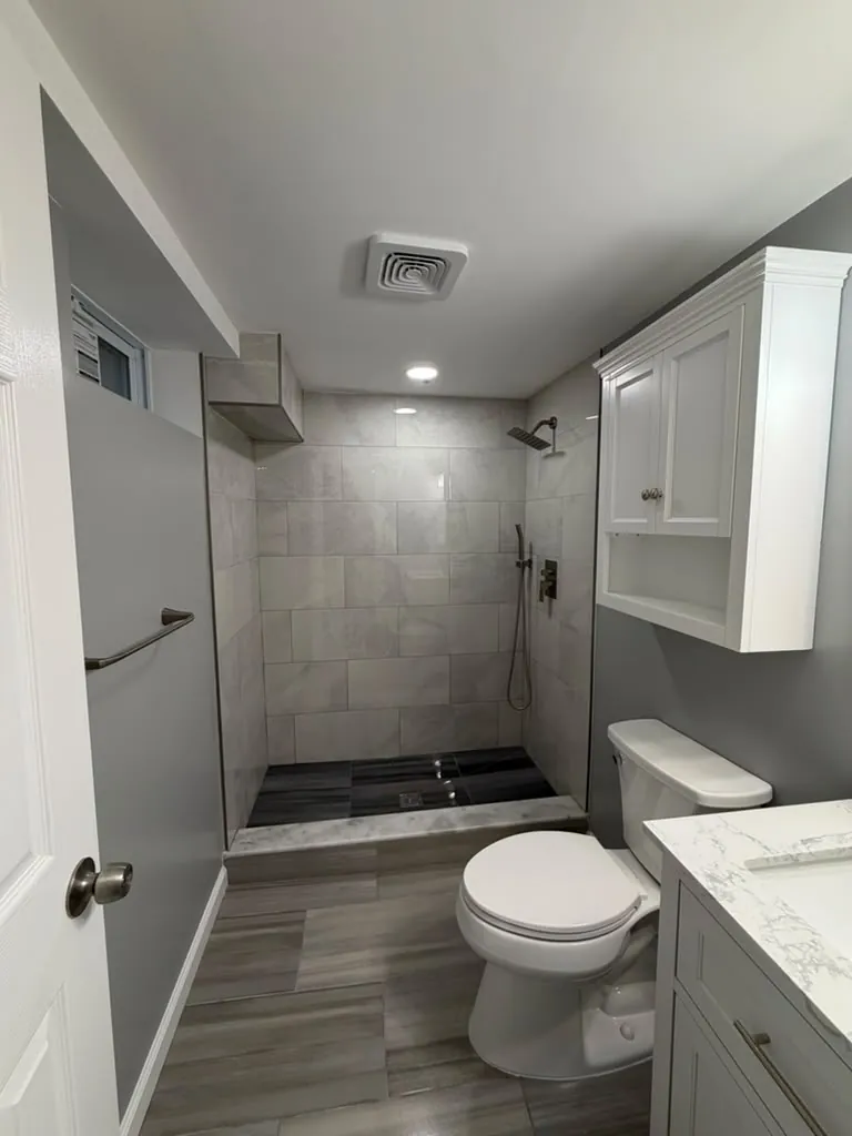 Basement bathroom with gray tile walk-in shower, dark plank-tile shower floor, white over-toilet cabinet and towel bar.