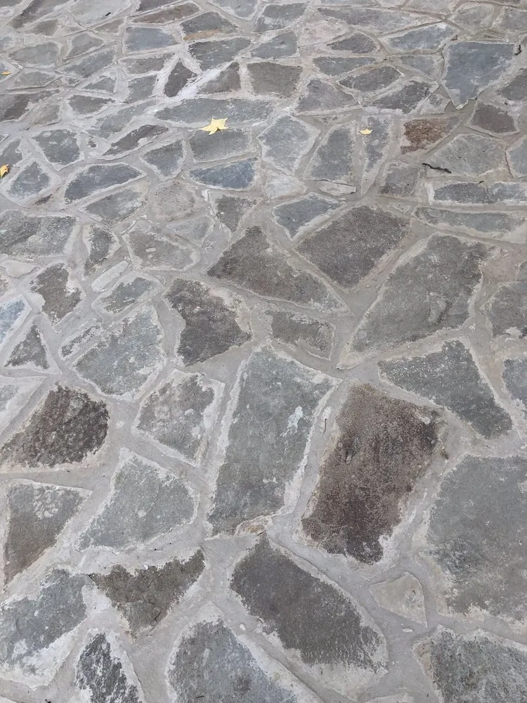 Close view of irregular gray and brown flagstone pieces set in light mortar joints.