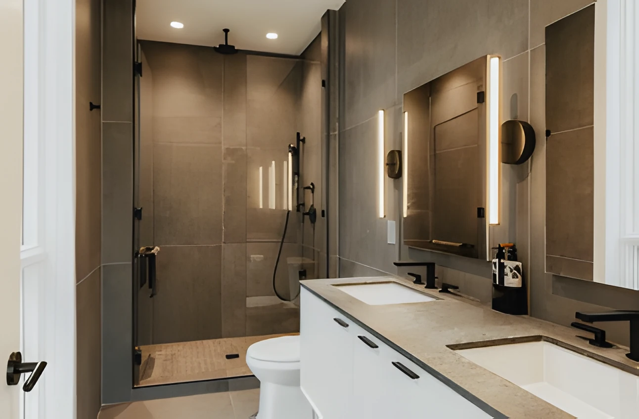 Bathroom with a double vanity, black fixtures, lighted mirrors and a gray-tiled walk-in glass shower