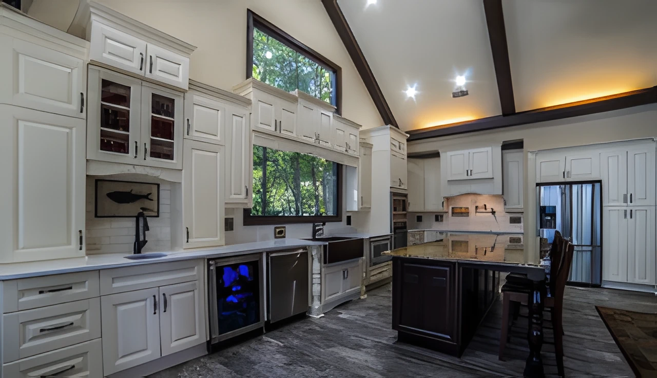 White kitchen with a vaulted beamed ceiling, large windows, a dark island and stainless appliances