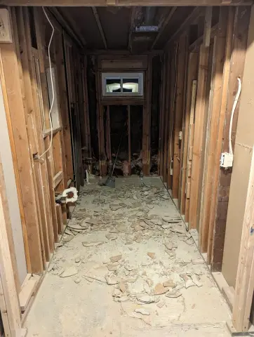 Bathroom gutted to the studs during the remodel
