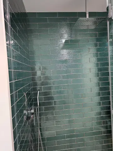 Green subway tile shower